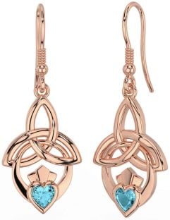 Aquamarine Rose Gold Claddagh Celtic Trinity Knot Dangle Earrings