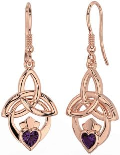 Alexandrite Rose Gold Claddagh Celtic Trinity Knot Dangle Earrings