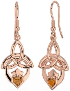 Citrine Rose Gold Claddagh Celtic Trinity Knot Dangle Earrings