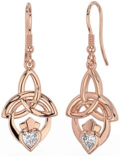 Diamond Rose Gold Claddagh Celtic Trinity Knot Dangle Earrings