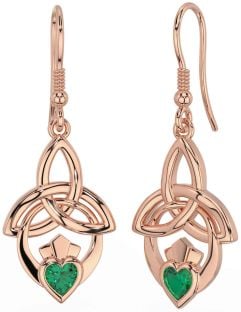 Emerald Rose Gold Claddagh Celtic Trinity Knot Dangle Earrings