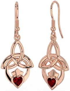 Garnet Rose Gold Claddagh Celtic Trinity Knot Dangle Earrings