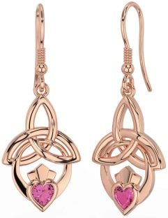 Pink Tourmaline Rose Gold Claddagh Celtic Trinity Knot Dangle Earrings