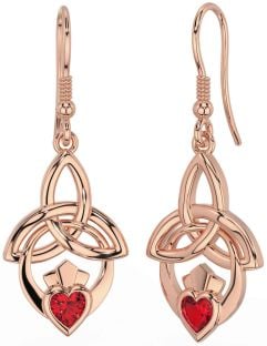 Ruby Rose Gold Claddagh Celtic Trinity Knot Dangle Earrings