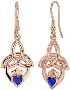 Sapphire Rose Gold Claddagh Celtic Trinity Knot Dangle Earrings