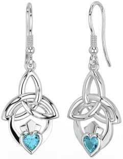 Aquamarine Silver Claddagh Celtic Trinity Knot Dangle Earrings