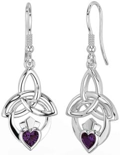 Alexandrite Silver Claddagh Celtic Trinity Knot Dangle Earrings