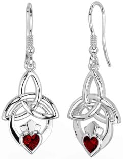 Garnet Silver Claddagh Celtic Trinity Knot Dangle Earrings