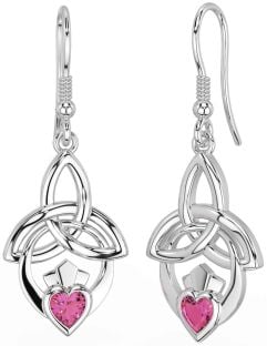 Pink Tourmaline Silver Claddagh Celtic Trinity Knot Dangle Earrings