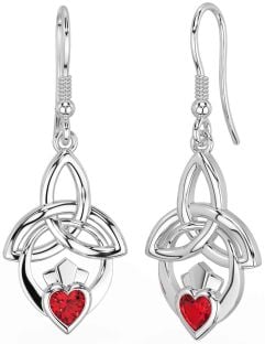 Ruby Silver Claddagh Celtic Trinity Knot Dangle Earrings