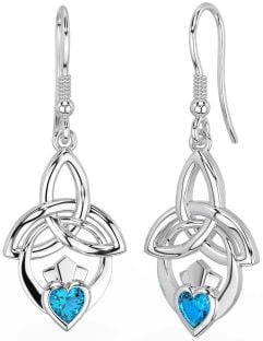 Topaz Silver Claddagh Celtic Trinity Knot Dangle Earrings