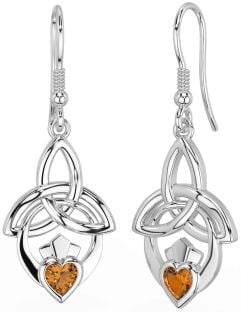 Citrine White Gold Claddagh Celtic Trinity Knot Dangle Earrings