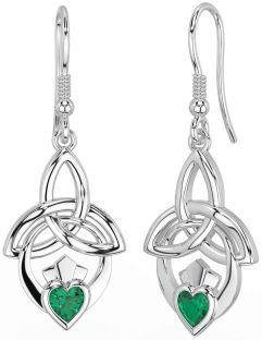 Emerald White Gold Claddagh Celtic Trinity Knot Dangle Earrings
