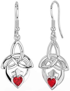 Ruby White Gold Claddagh Celtic Trinity Knot Dangle Earrings