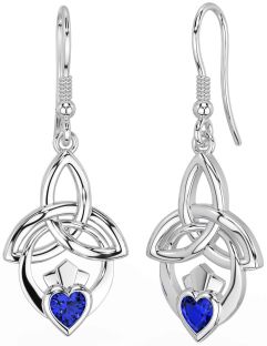 Sapphire White Gold Claddagh Celtic Trinity Knot Dangle Earrings