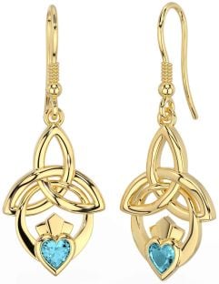 Aquamarine Gold Claddagh Celtic Trinity Knot Dangle Earrings