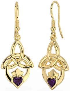 Alexandrite Gold Claddagh Celtic Trinity Knot Dangle Earrings