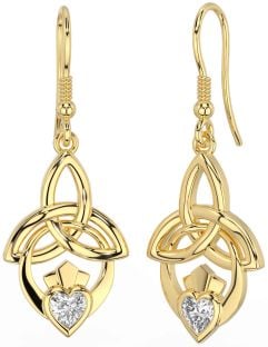 Diamond Gold Claddagh Celtic Trinity Knot Dangle Earrings