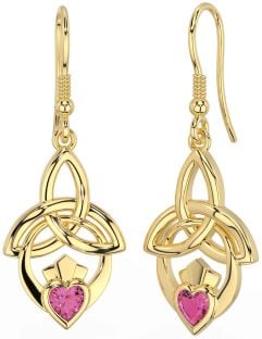 Pink Tourmaline Gold Claddagh Celtic Trinity Knot Dangle Earrings