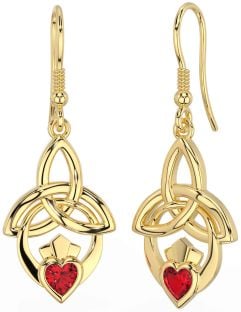 Ruby Gold Claddagh Celtic Trinity Knot Dangle Earrings