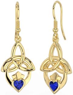 Sapphire Gold Claddagh Celtic Trinity Knot Dangle Earrings