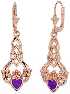 Amethyst Rose Gold Silver Celtic Claddagh Dangle Earrings