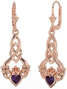 Alexandrite Rose Gold Silver Celtic Claddagh Dangle Earrings