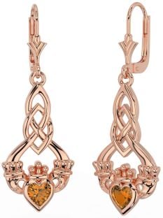 Citrin Rose Gold Silber keltisch Claddagh Baumeln Ohrringe