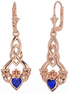 Sapphire Rose Gold Silver Celtic Claddagh Dangle Earrings