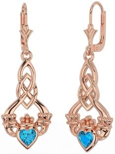 Topaz Rose Gold Silver Celtic Claddagh Dangle Earrings