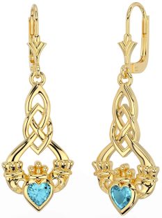 Aquamarine Gold Silver Celtic Claddagh Dangle Earrings