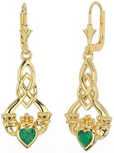 Emerald Gold Silver Celtic Claddagh Dangle Earrings