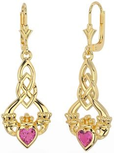 Pink Tourmaline Gold Silver Celtic Claddagh Dangle Earrings