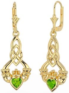 Peridot Gold Silver Celtic Claddagh Dangle Earrings