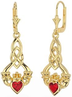 Ruby Gold Silver Celtic Claddagh Dangle Earrings