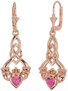 Rosa Turmalin Rose Gold keltisch Claddagh Baumeln Ohrringe