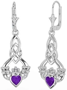 Amethyst Silver Celtic Claddagh Dangle Earrings