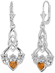 Citrine Silver Celtic Claddagh Dangle Earrings