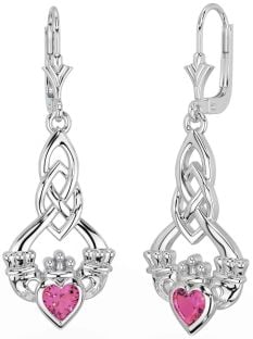 Pink Tourmaline Silver Celtic Claddagh Dangle Earrings