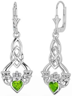 Peridot Silver Celtic Claddagh Dangle Earrings