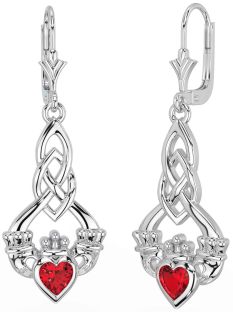 Ruby Silver Celtic Claddagh Dangle Earrings