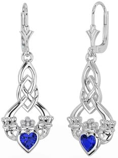 Sapphire Silver Celtic Claddagh Dangle Earrings