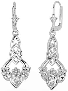 Diamond White Gold Celtic Claddagh Dangle Earrings