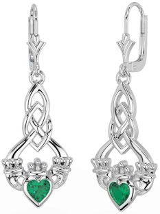 Emerald White Gold Celtic Claddagh Dangle Earrings