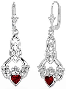 Garnet White Gold Celtic Claddagh Dangle Earrings