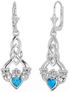 Topaz White Gold Celtic Claddagh Dangle Earrings