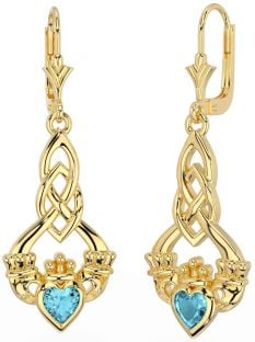 Aquamarin Gold keltisch Claddagh Baumeln Ohrringe