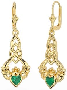 Emerald Gold Celtic Claddagh Dangle Earrings