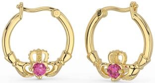 Turmalina Rosa Dourada Brincos pendentes Claddagh em prata