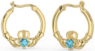Aquamarine Gold Claddagh Dangle Earrings